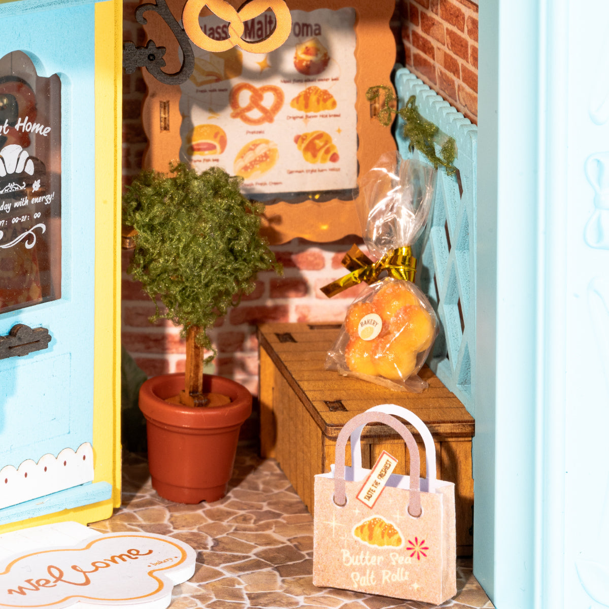 Fluffy Cat Bakery DP001 gros plan de l'entrée de la boulangerie et détails du sac à pain