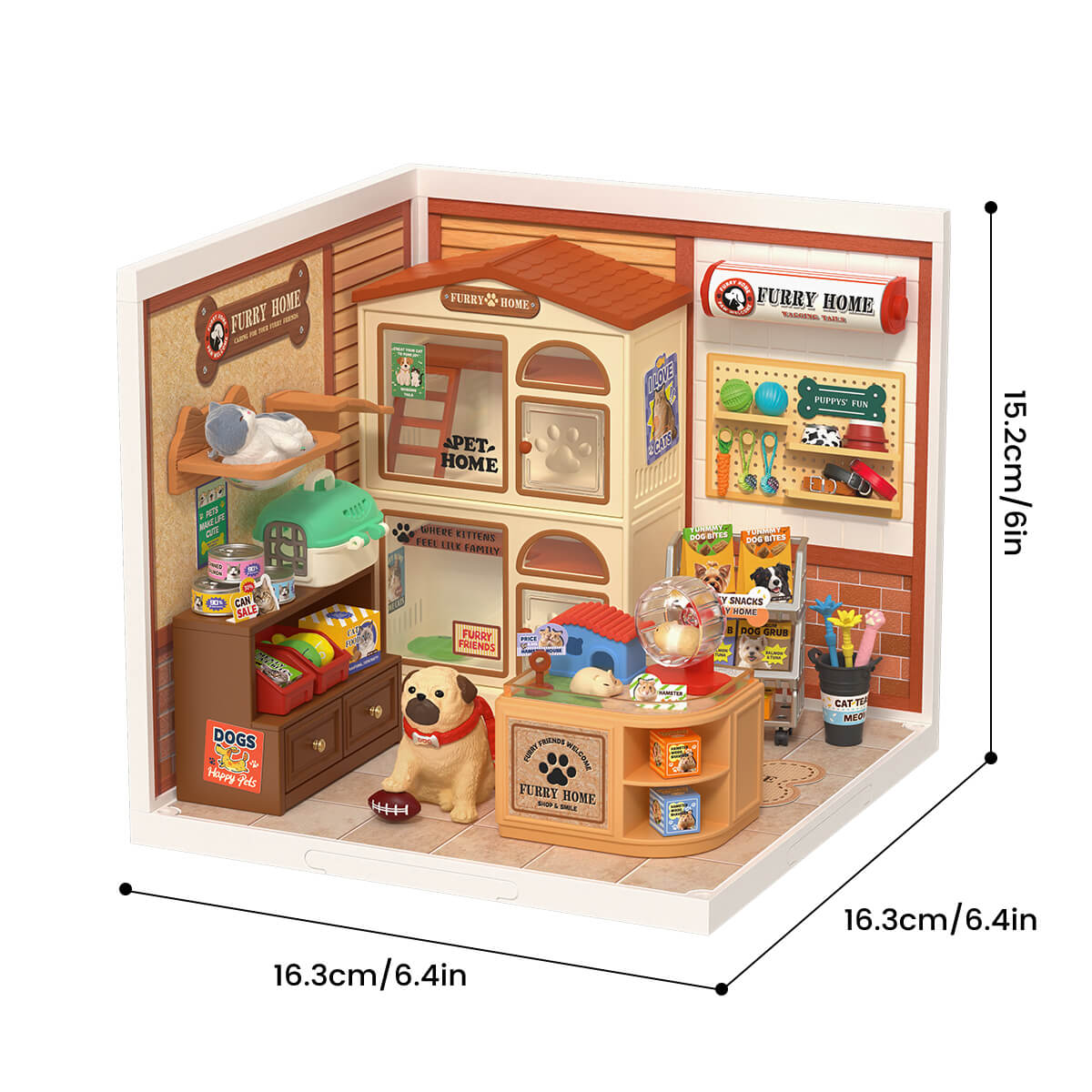 Graphique de taille Furry Friends' Home DW027, 16,3x16,3x15,2 cm, modèle fini 6,4x6,4x6 pouces