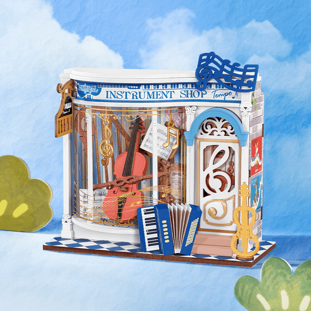 Rolife Melody Instrument Shop DS047 magasin de musique miniature dans une scène en toile de fond bleue