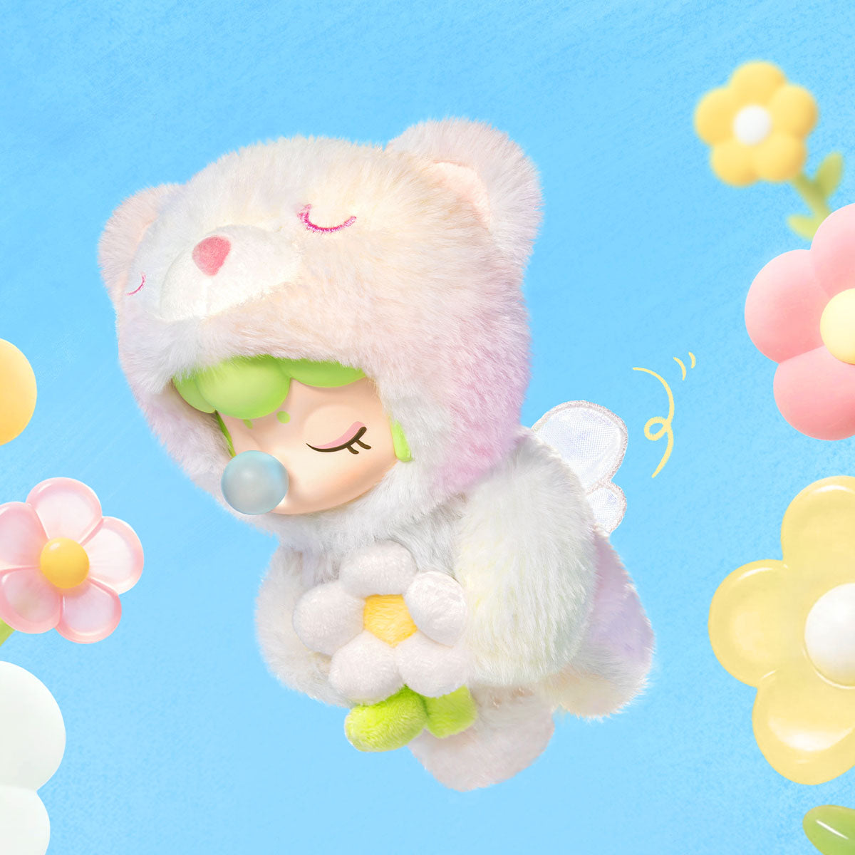 Pendentif en peluche Rolife Nanci Spring Bear MN003 flottant dans une scène florale bleue.