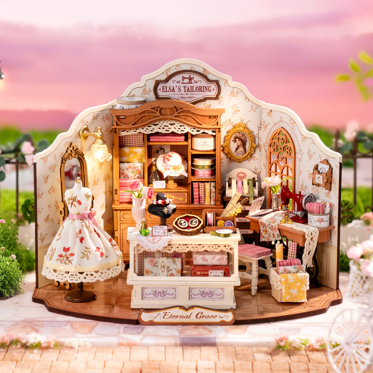 Maison miniature DG178 de Rolife Elsa dans une scène chaleureuse de coucher de soleil