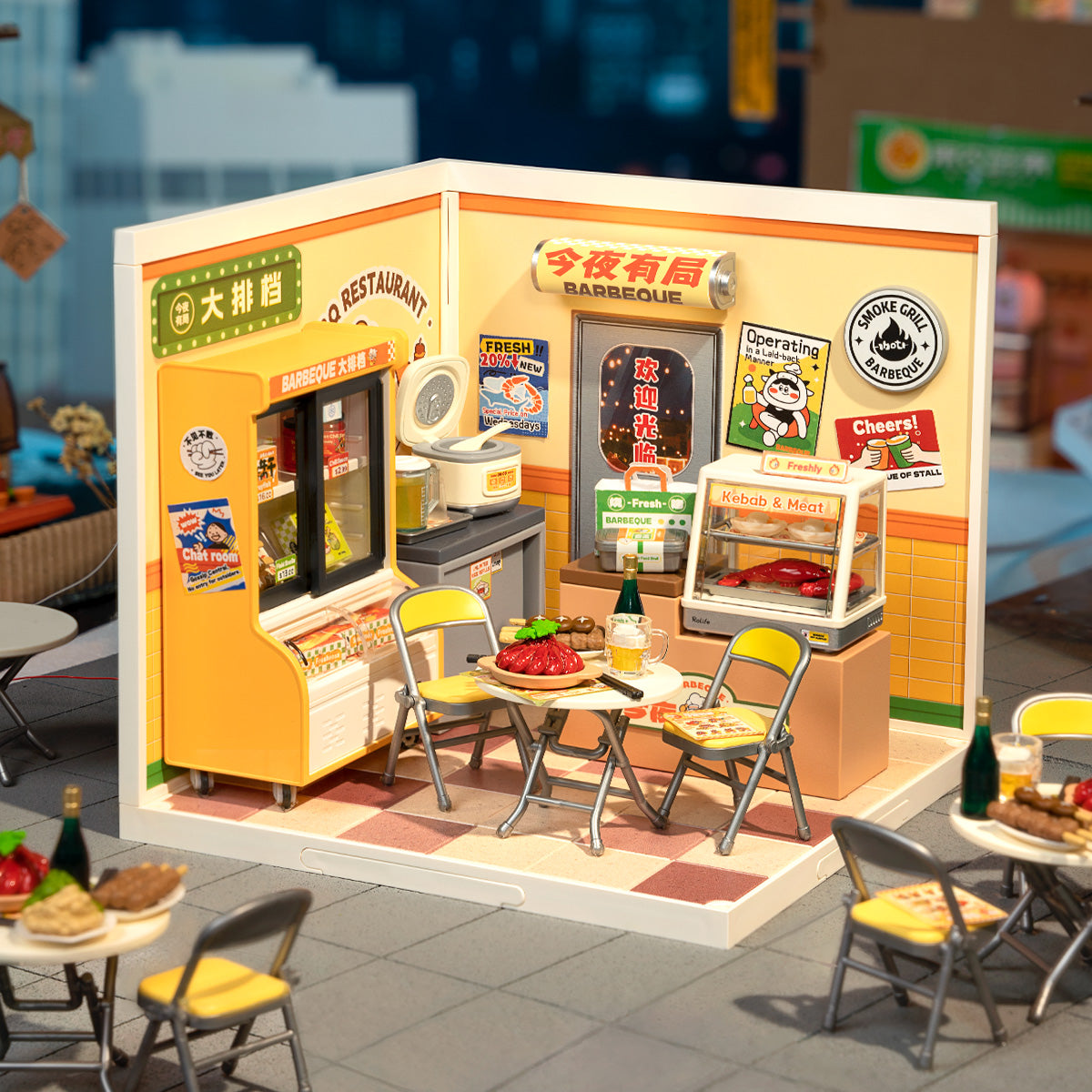 Salle miniature Night Out Food Stall DW022 dans une scène d'exposition chaleureuse de style rue