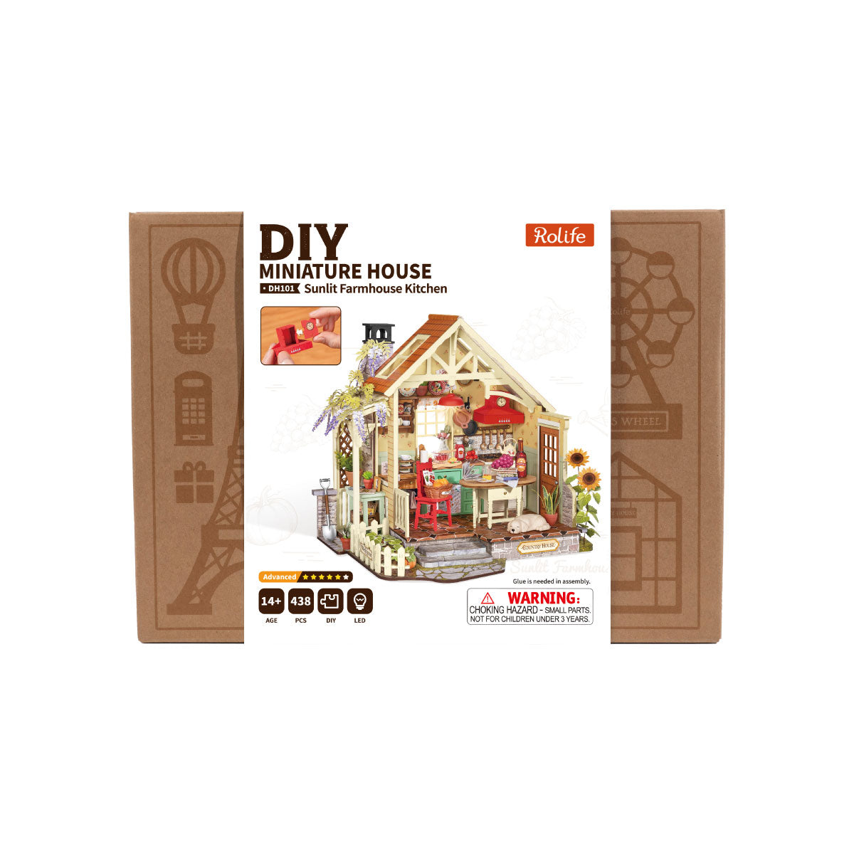 Image de l'emballage Rolife Sunlit Farmhouse Kitchen DH101 montrant la bo?te du produit et la maison miniature finie