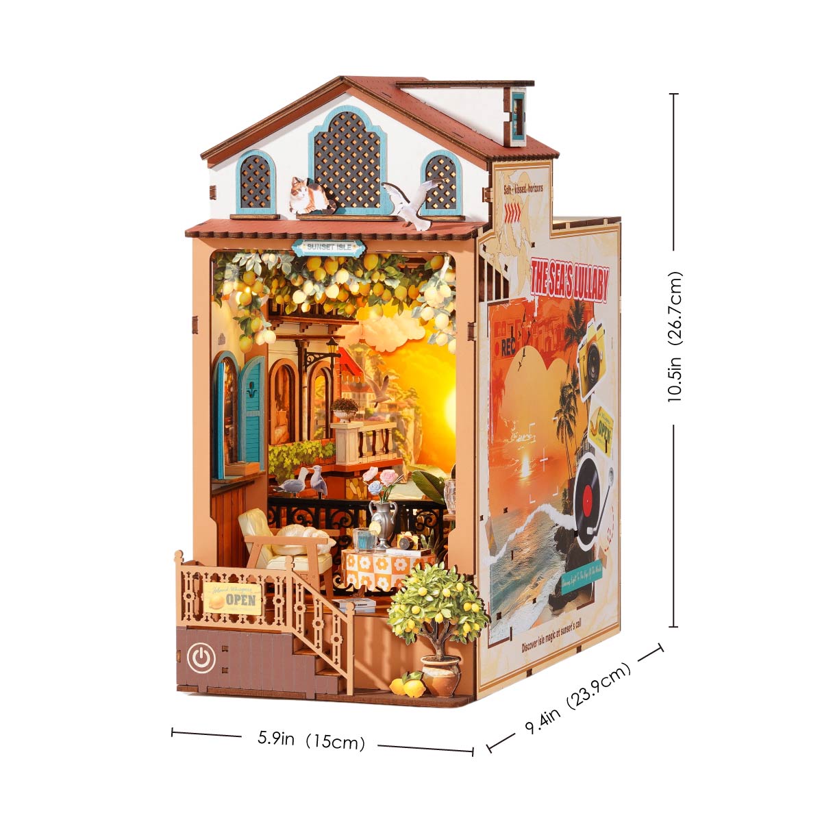Rolife DIY Book Nook Sunset Isle TGB18 graphique de taille avec 5,9 x 9,4 x 10,5 pouces dans les dimensions indiquées