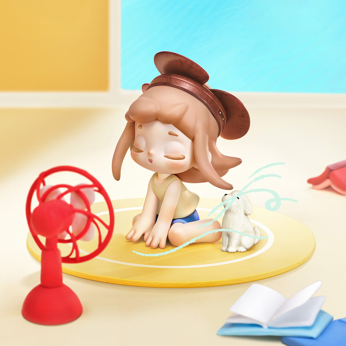 Figurine d'été Yozco Mood Diary avec éventail et compagnon chien blanc