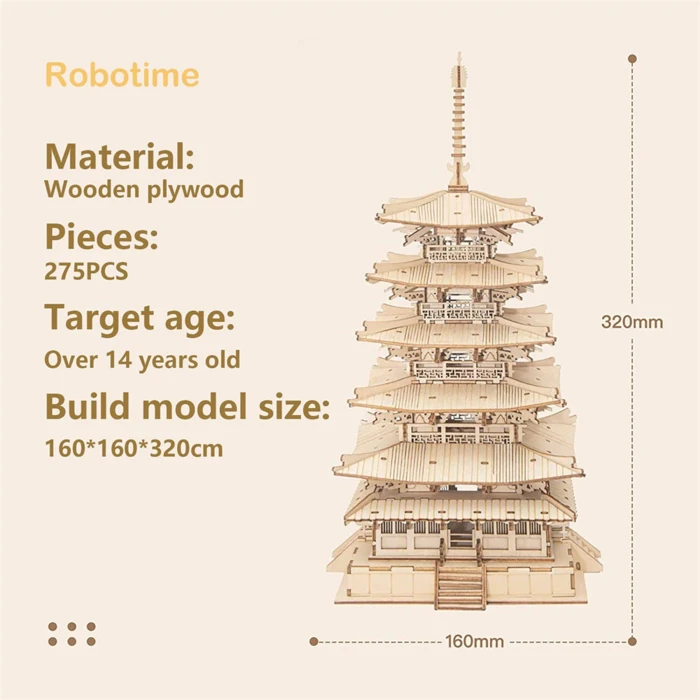Puzzle en bois 3D moderne Rolife - Pagode à cinq étages TGN02 fond blanc vue produit