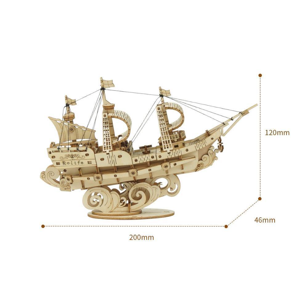 Image de la taille du Rolife Sailling Ship montrant les dimensions assemblées de 200 x 46 x 120 mm