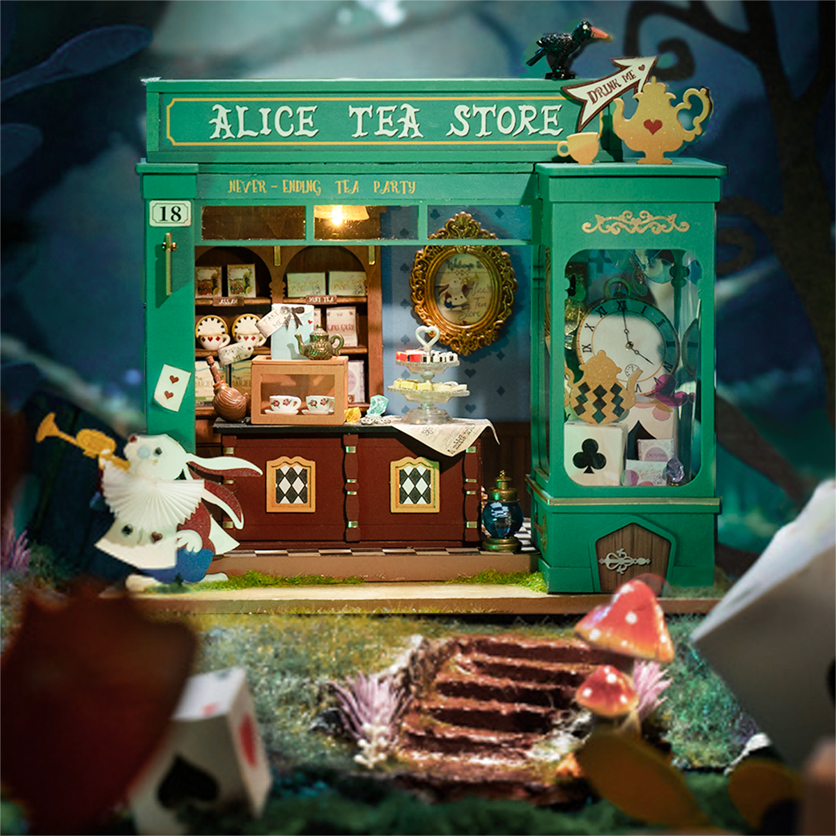Scène d'exposition de table DG156 d'Alice's Tea Store avec vitrine bleu sarcelle et figurine de lapin