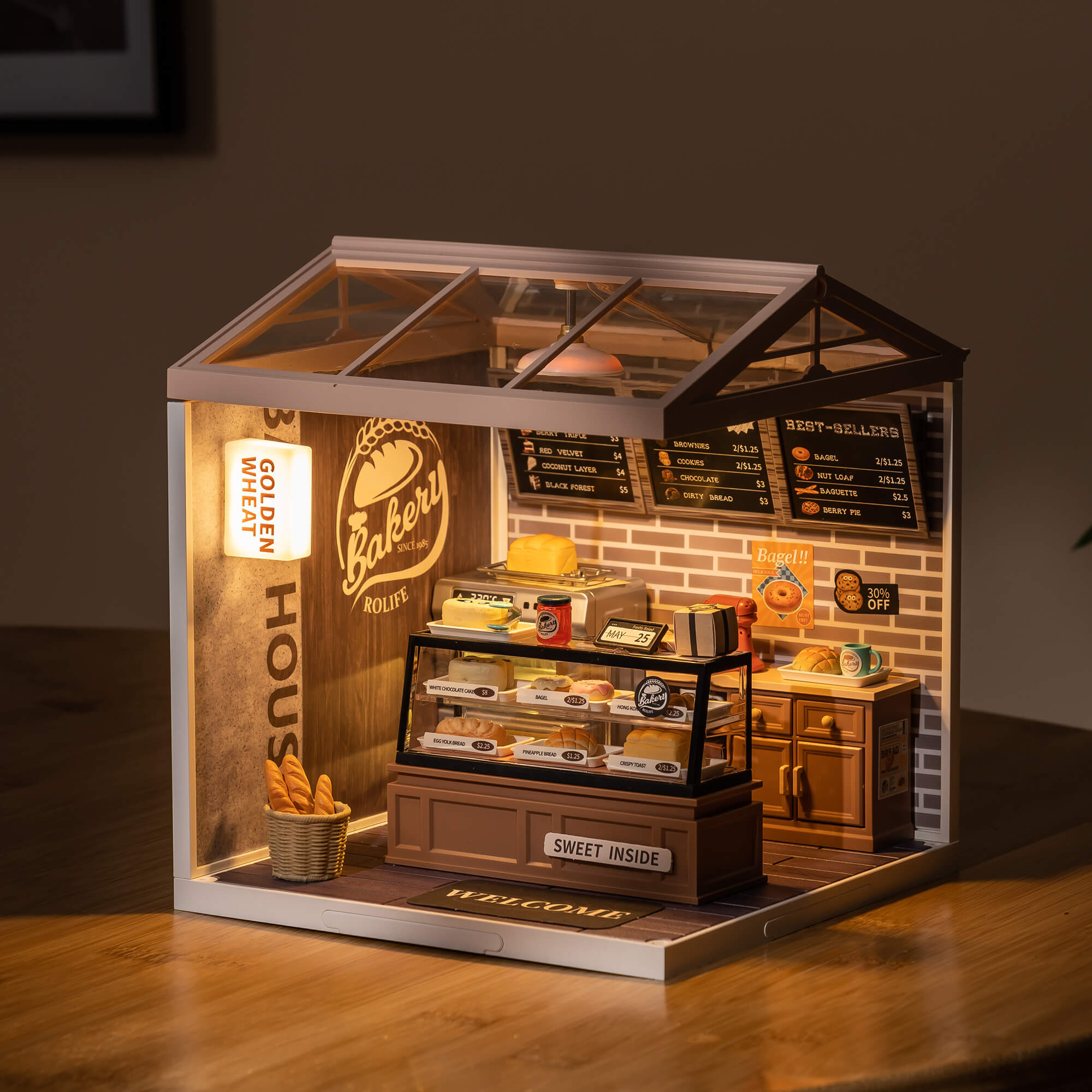 Rolife Golden Wheat Bakery Super Creator Miniature House DW005B scène d'affichage de boulangerie de table chaude