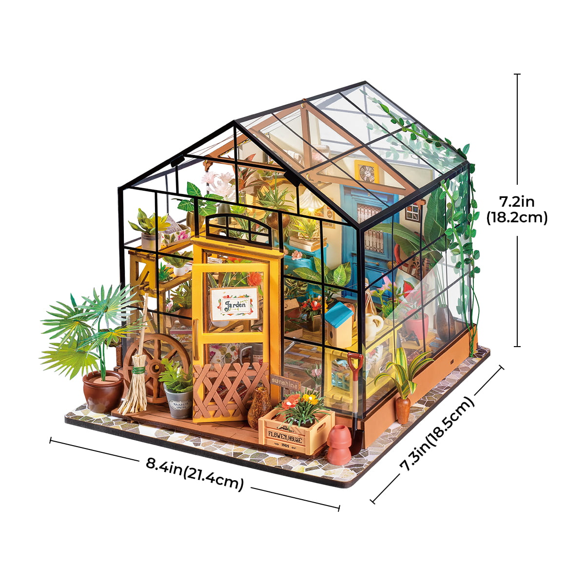 Rolife DIY-Miniaturhaus – Cathy's Flower House DG104-Grafik mit den abgebildeten Abmessungen 8,6 x 7,2 x 9,4 Zoll