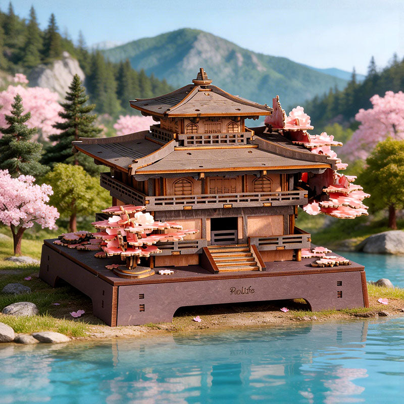 Rolife Sakura Pavillon Holzpuzzle in einer Berg- und Seefrühlingslandschaft