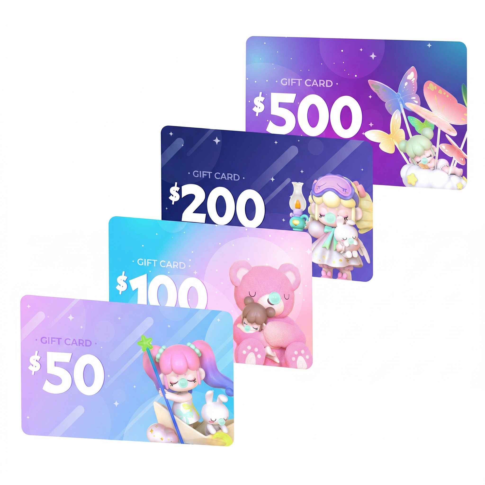 Geschenkkarten-Produktcollage mit 50 $, Karten im Wert von 100 $, 200 $ und 500 $