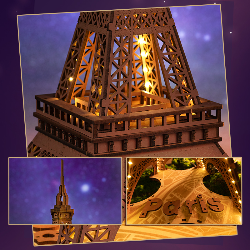 Rolife 3D-Holzpuzzle – Nacht des Eiffelturms TGL01 LED-beleuchteter Detail-Nahaufnahme des Eiffelturms