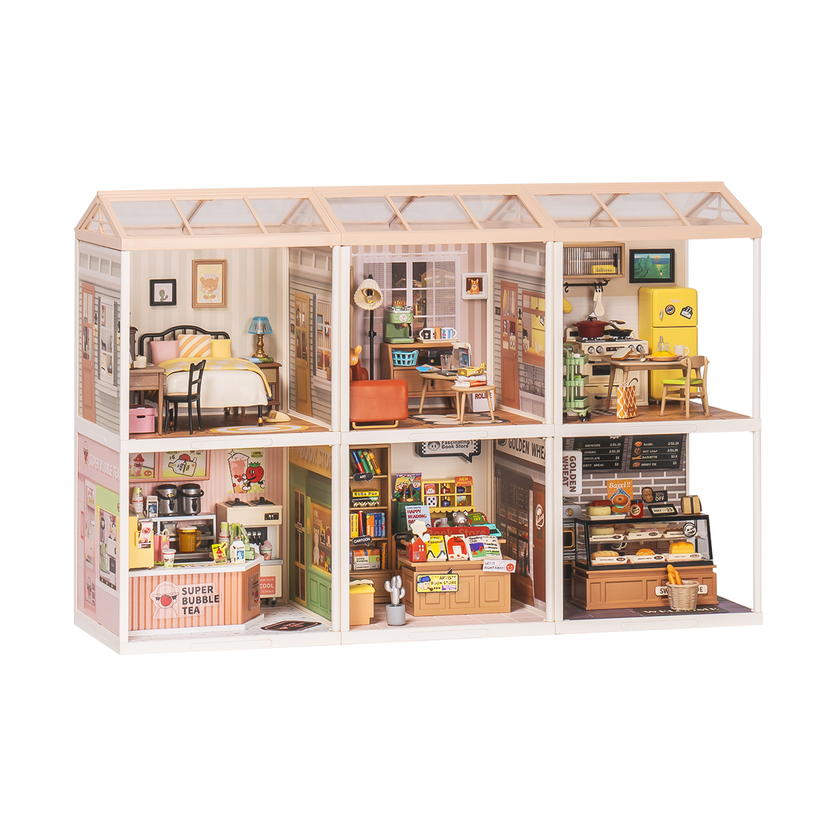 Rolife Super Creator – Ausstellungsszene mit sechs Geschäften der Super Store-Serie
