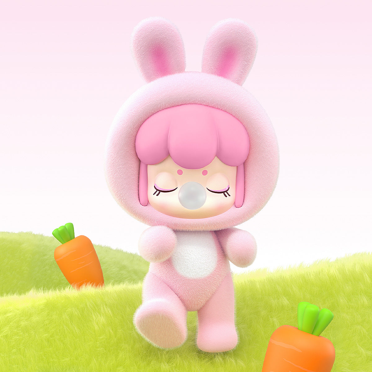 BabyNanci Fluffy Party rosa Hasenfigur auf einem pastellfarbenen Gras Szene