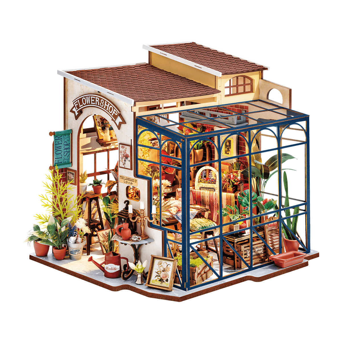 Rolife DIY Miniatur-Puppenhaus – Emily's Flower Shop DG145, Produktansicht mit weißem Hintergrund