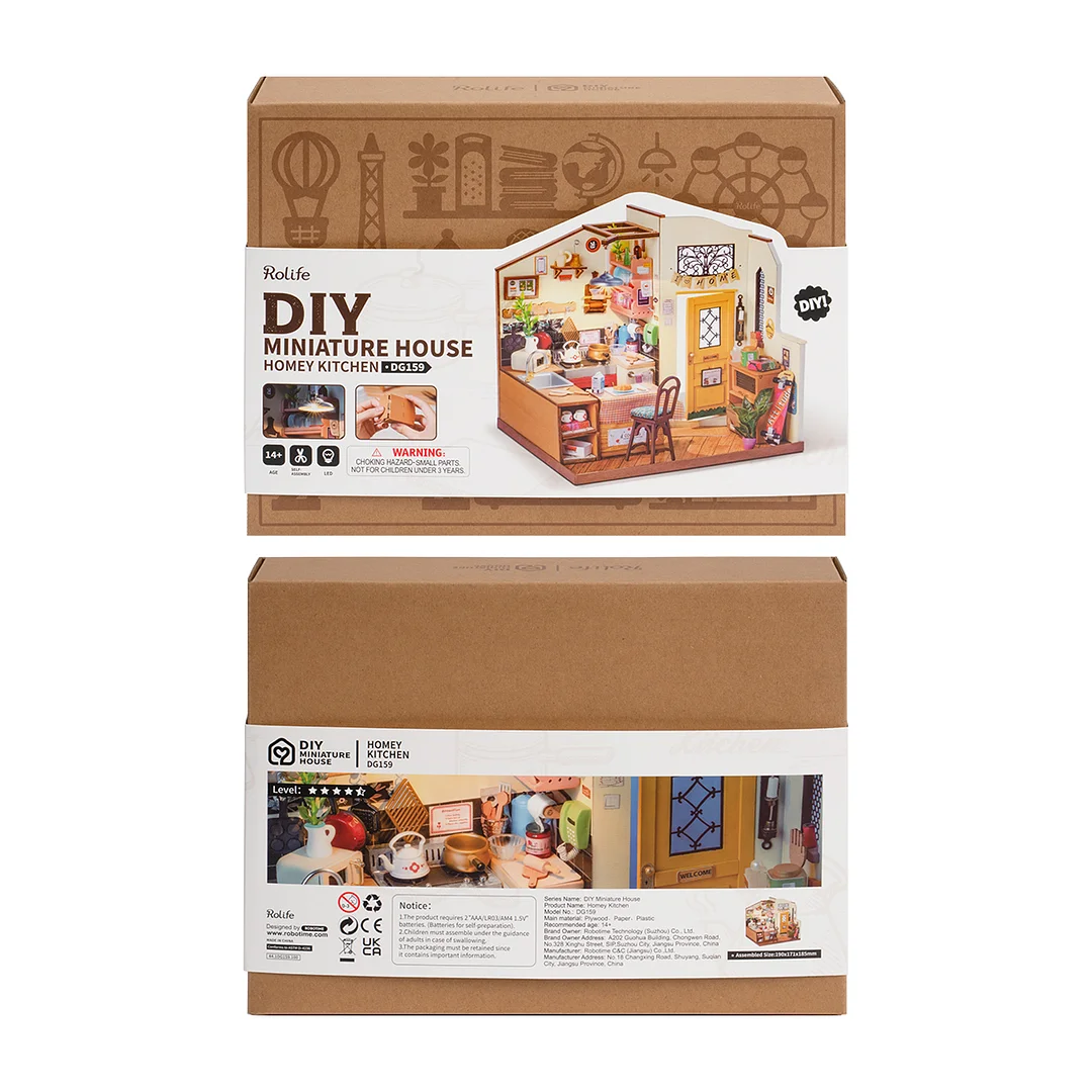Rolife DIY-Miniaturhaus – gemütliche Küche DG159-Grafik mit den abgebildeten Abmessungen 8,5 x 5,8 x 6,2 Zoll