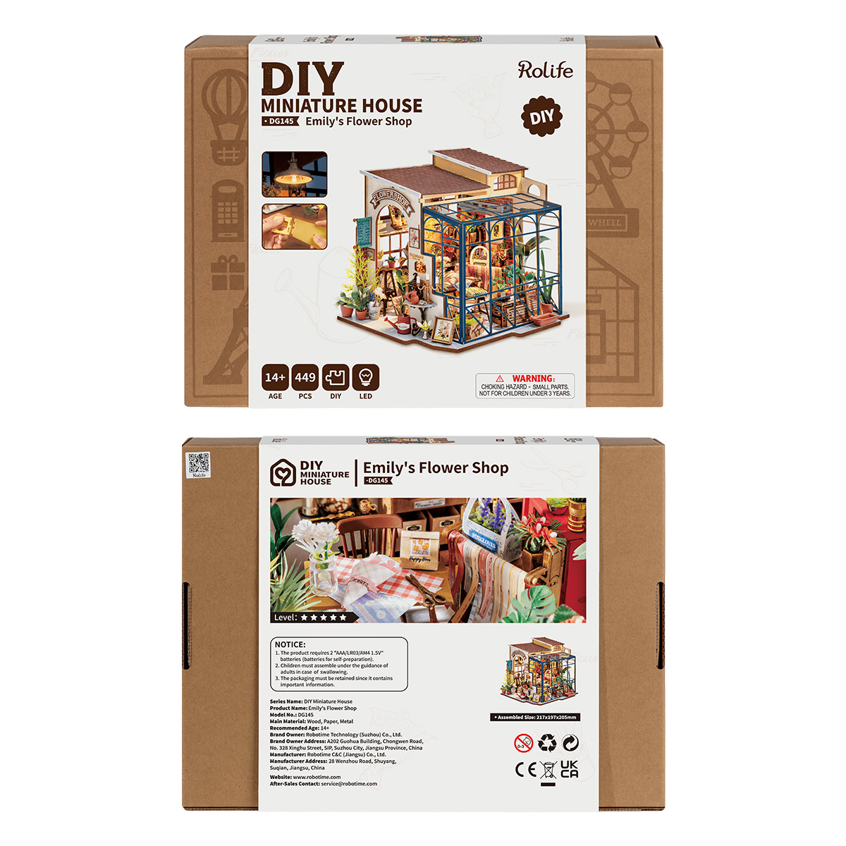 Rolife DIY Miniatur-Puppenhaus – Emily's Flower Shop DG145 Produktpaket Seitenansicht