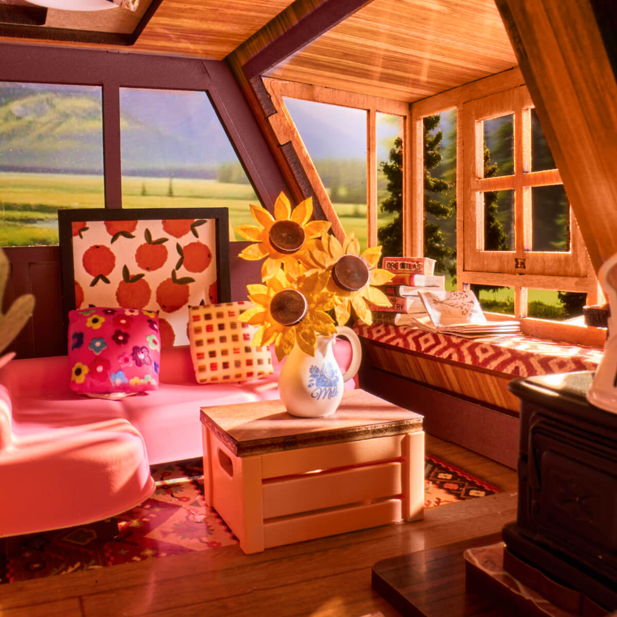 A-Frame Cabin DG181 Nahaufnahme der Lounge-Ecke mit Sonnenblumen und Kabinensitzen
