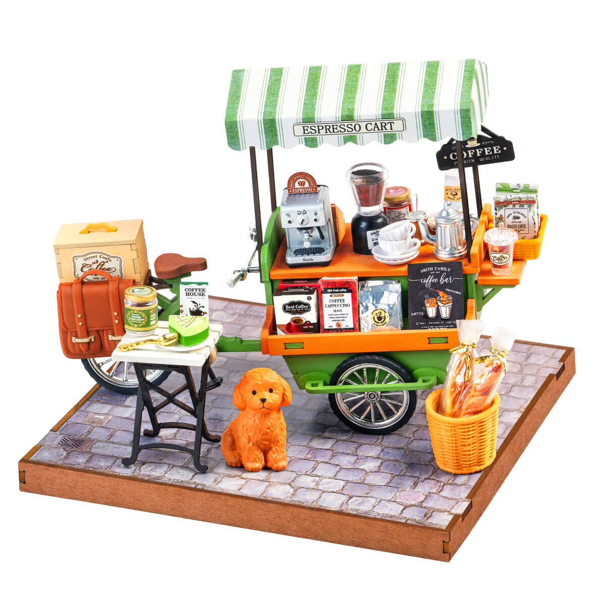 Rolife Aromatic Coffee Cart DG182 Miniatur-Kaffeewagen mit weißem Hintergrund, Produktansicht