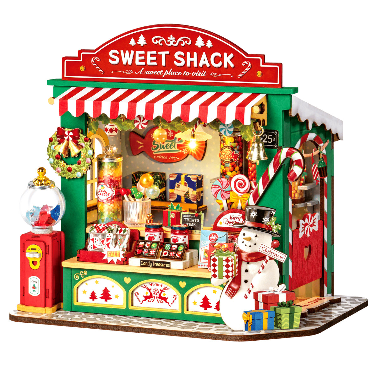 Rolife Christmas Candy Stand DS043 Miniatur-Süßwarenhütte mit weißem Hintergrund, Produktansicht
