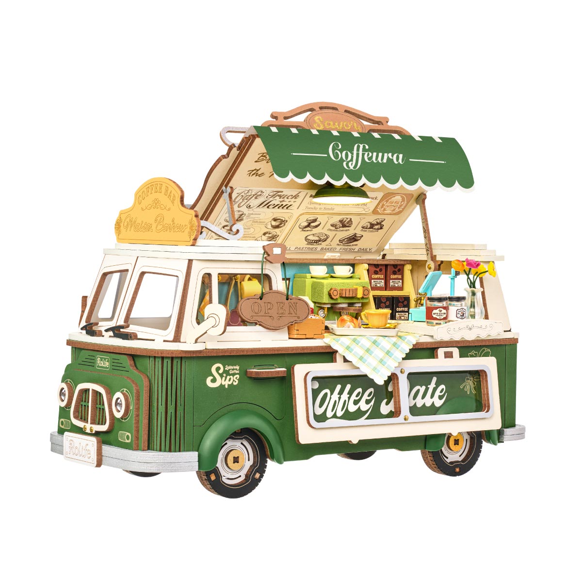 Leo's Coffee Truck TGS07, Produktansicht mit weißem Hintergrund und offenen Café-Truck-Details