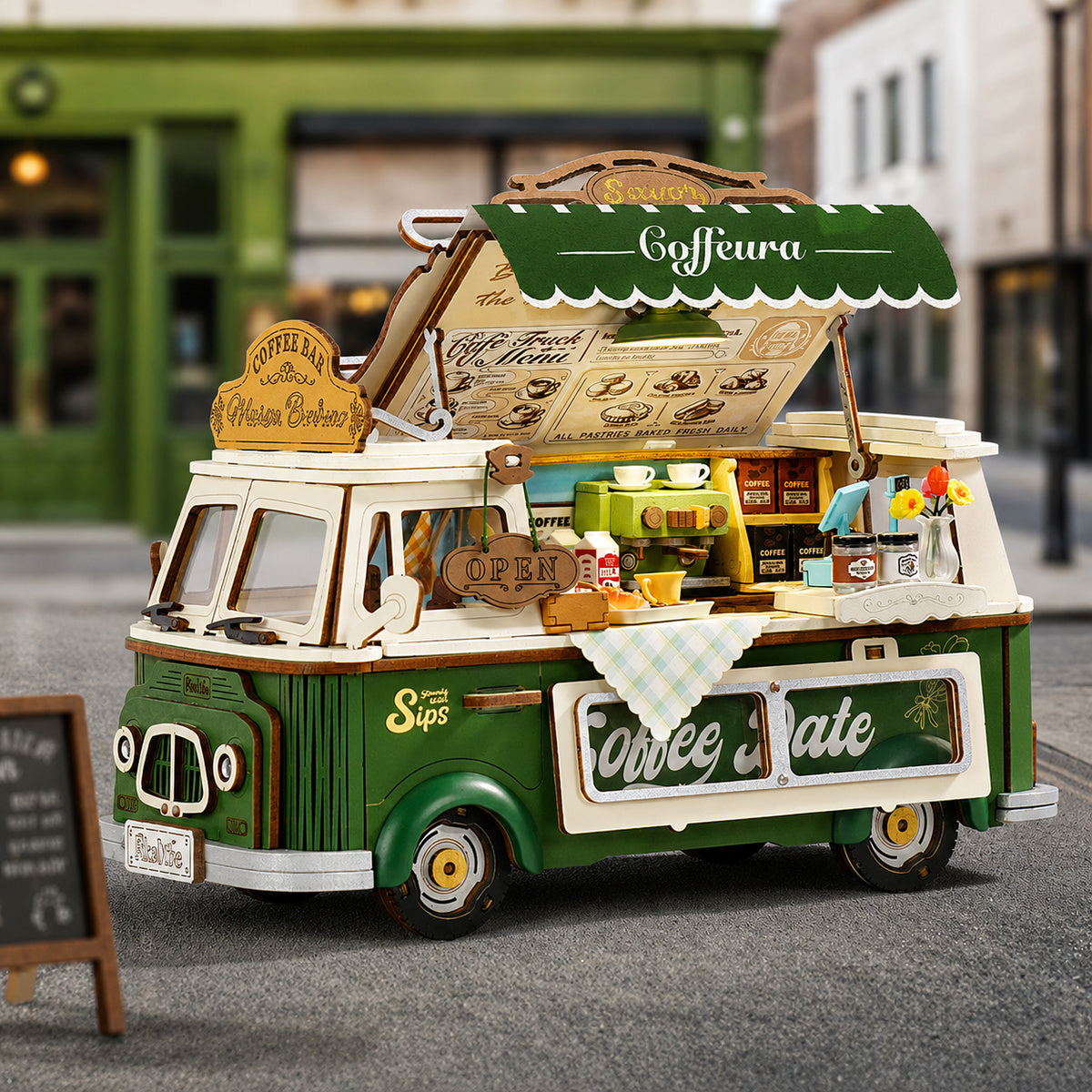 Leo's Coffee Truck TGS07 Straßenszene mit offenem Servierfenster und Coffeeshop-Details