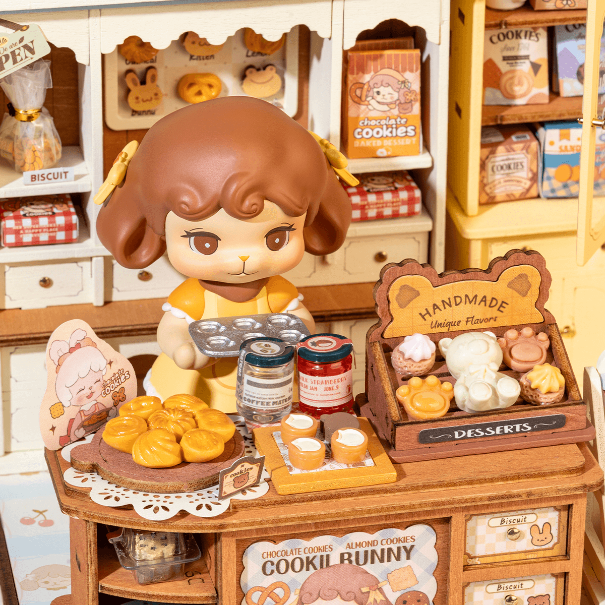Cookii Bunny Cookie Shop DG177 Nahaufnahme des Hasenmanagers und Details der vorderen Theke