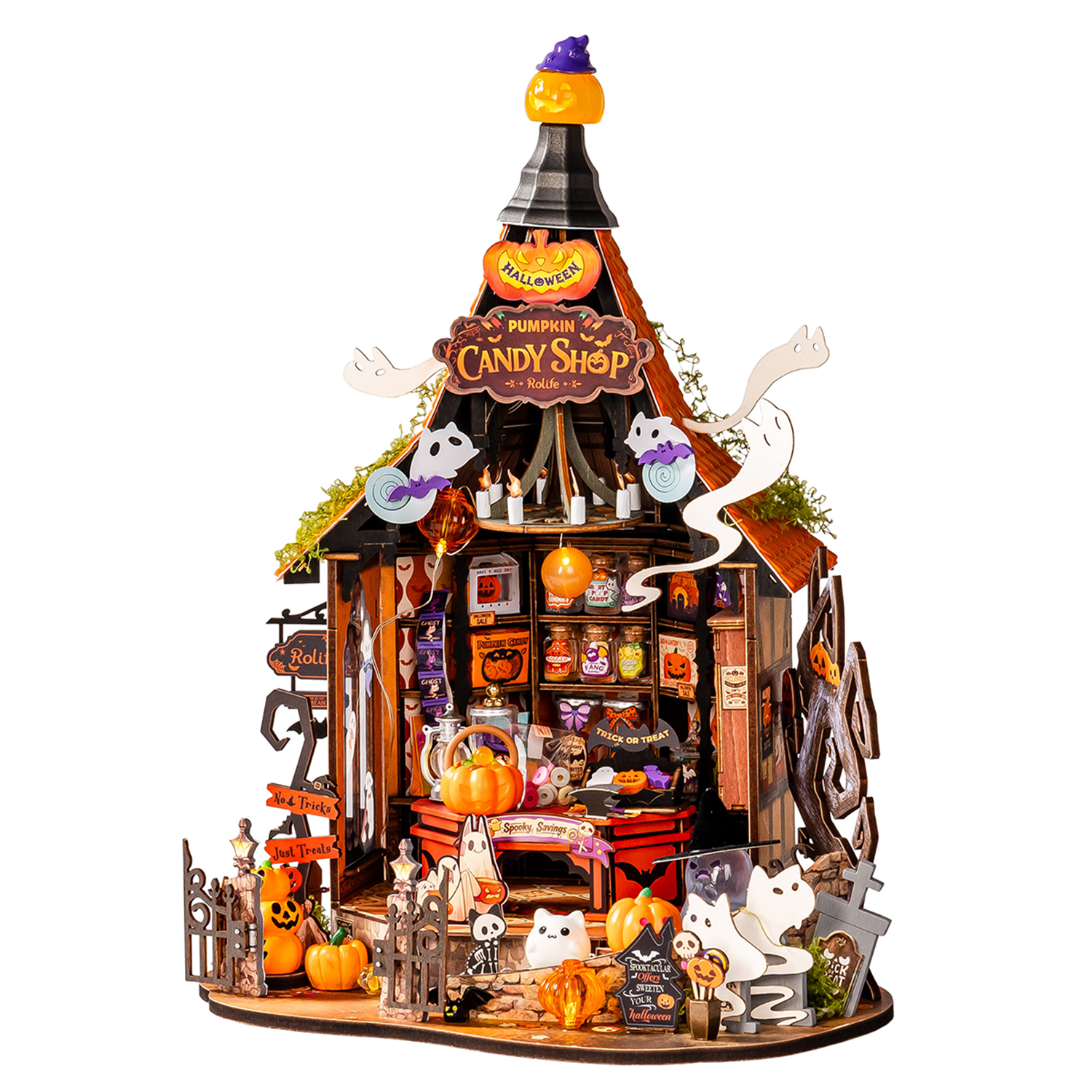 Rolife Haunted Candy House DIY-Miniaturhaus weißer Hintergrund Vorderansicht