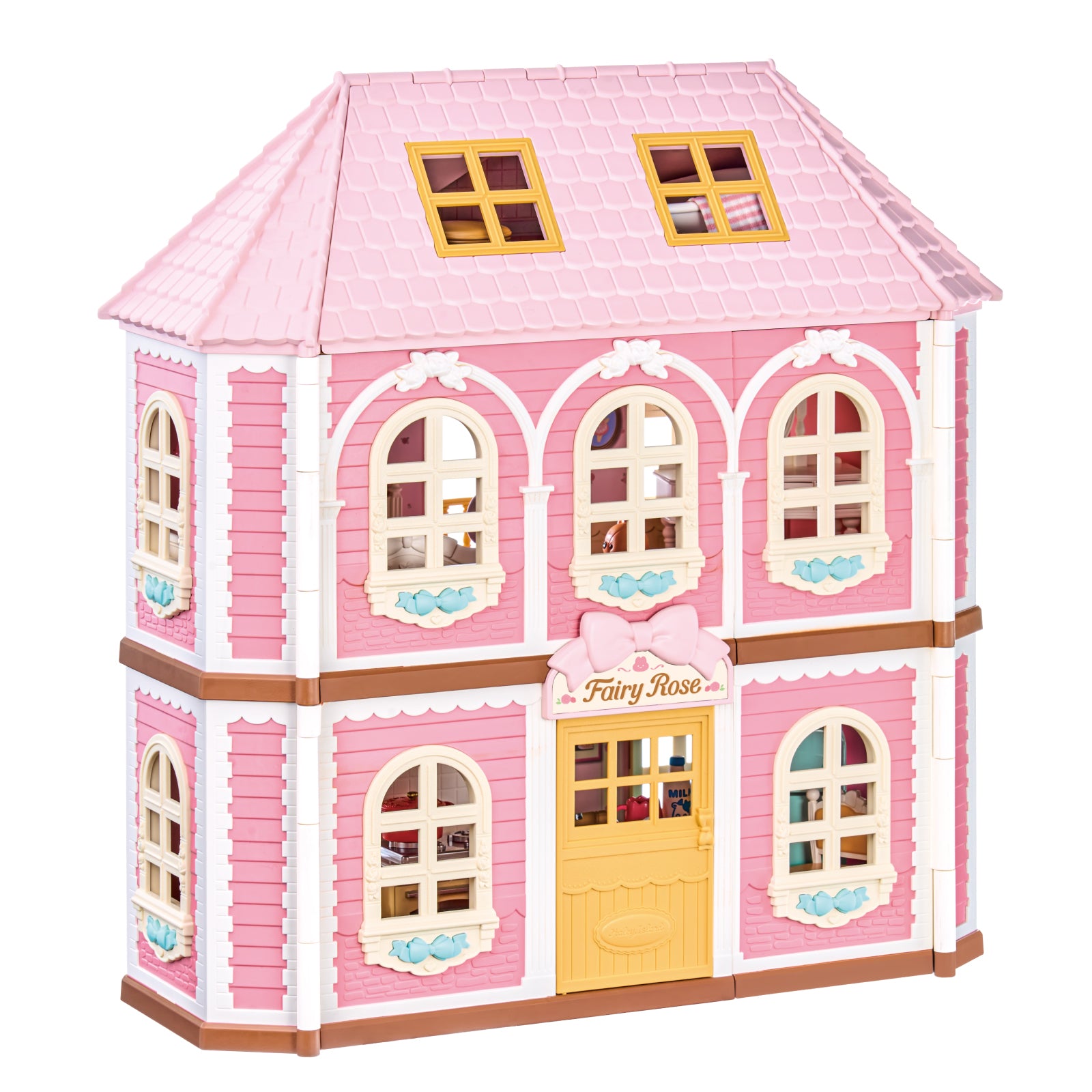 Rolife Fairy Rose Cottage HH001, geschlossene rosa Puppenhaus-Außenseite auf weißem Hintergrund.