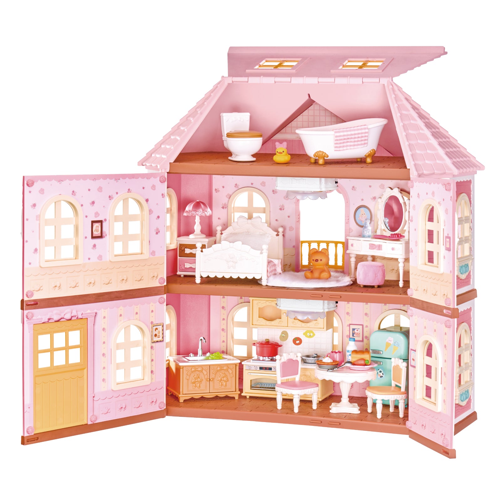 Rolife Fairy Rose Cottage HH001 geöffnetes Puppenhaus mit Schlafzimmer, Küche, Bad und Esszimmer.