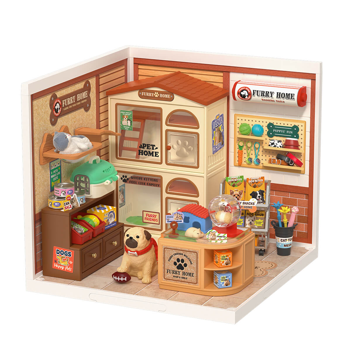 Rolife Furry Friends' Home DW027 Produktansicht mit weißem Hintergrund und Innenausstattung der Tierhandlung