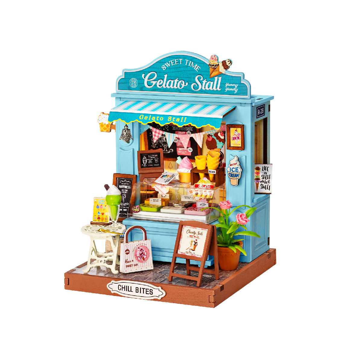 Rolife Gelato Stall Shop DS052 Produktansicht mit weißem Hintergrund und blauer Schaufensterfront