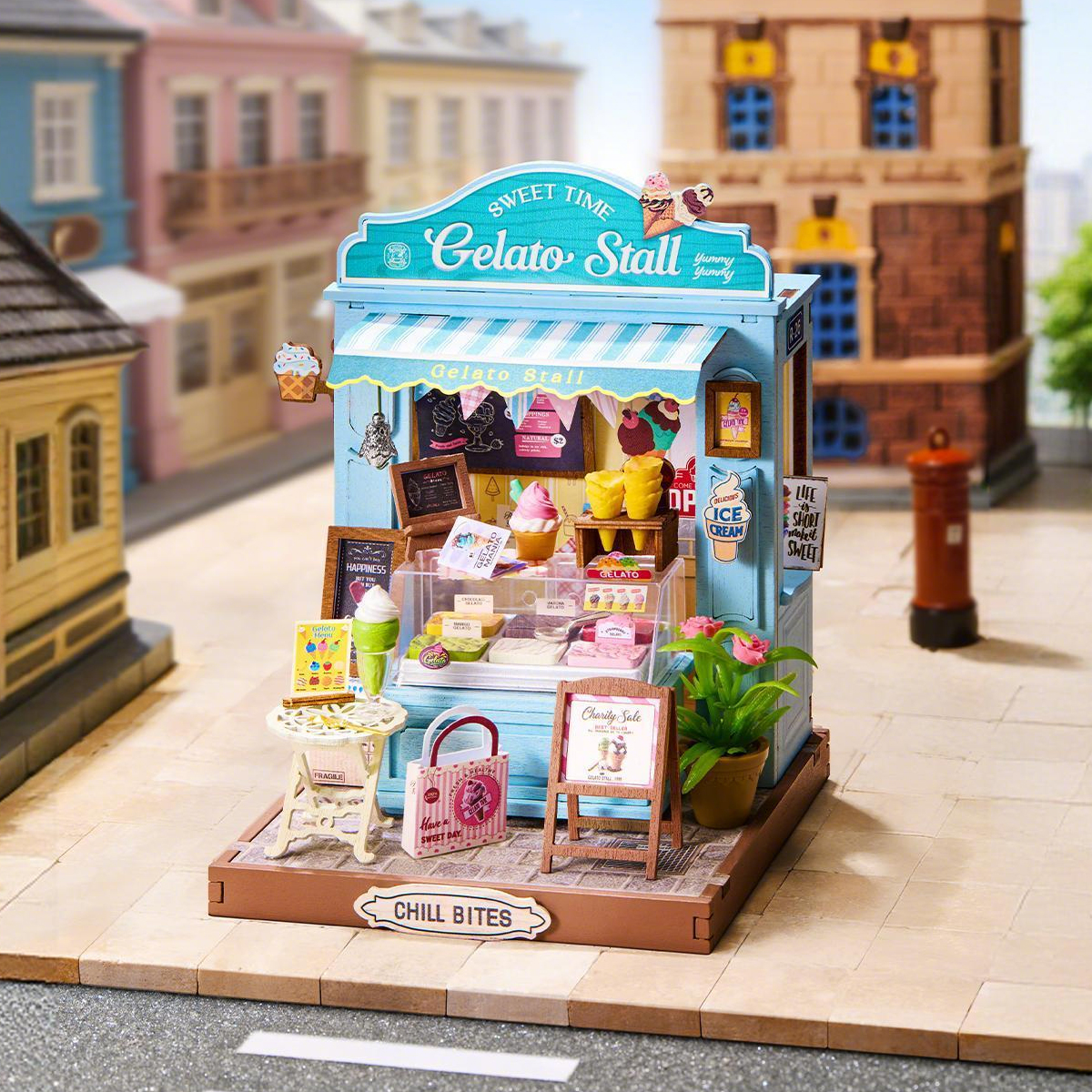 Rolife Gelato Stall Shop Miniatur-Dessertstand mit pastellfarbener Markise und Theke