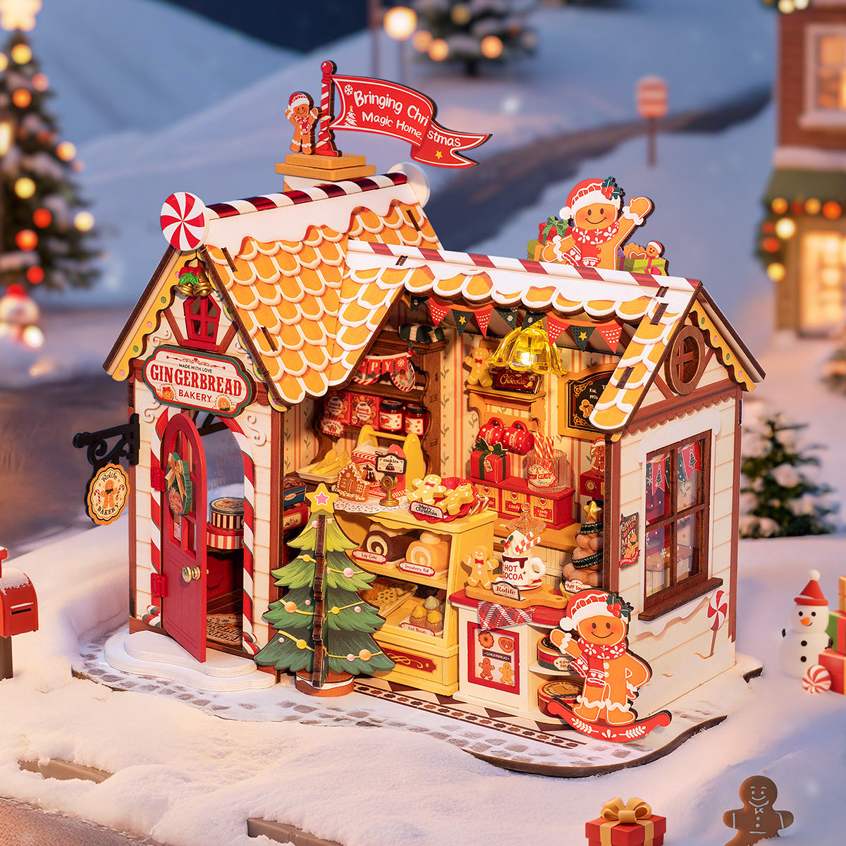 Rolife Gingerbread House DG176 Miniatur-Bäckerei in einer warmen Weihnachts-Tischszene