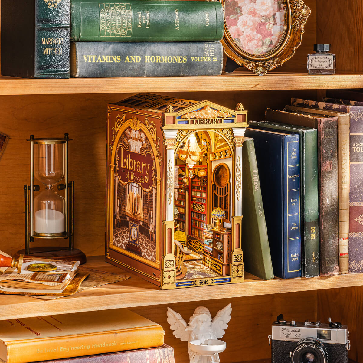 Library of Wonders TGB16 Regal-Präsentationsszene mit warmer Kronleuchterbeleuchtung