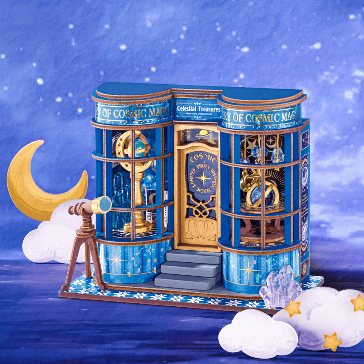 Rolife Magic Astronomy Shop DS048 Miniatur-kosmischer Laden in einer mondbeschienenen Ausstellungsszene