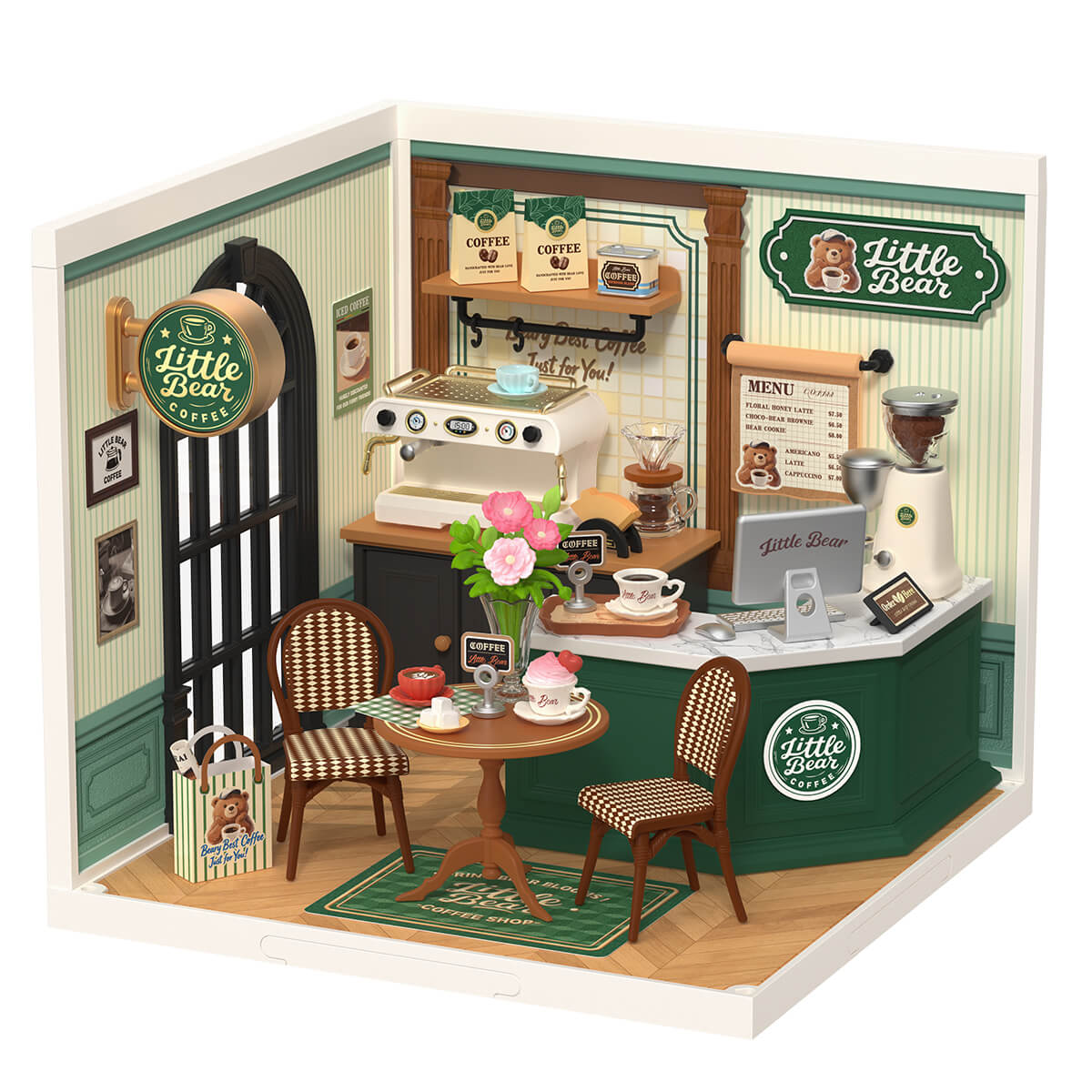 Rolife Perfect Romance Cafe DW028 Produktansicht mit weißem Hintergrund und grüner Theke