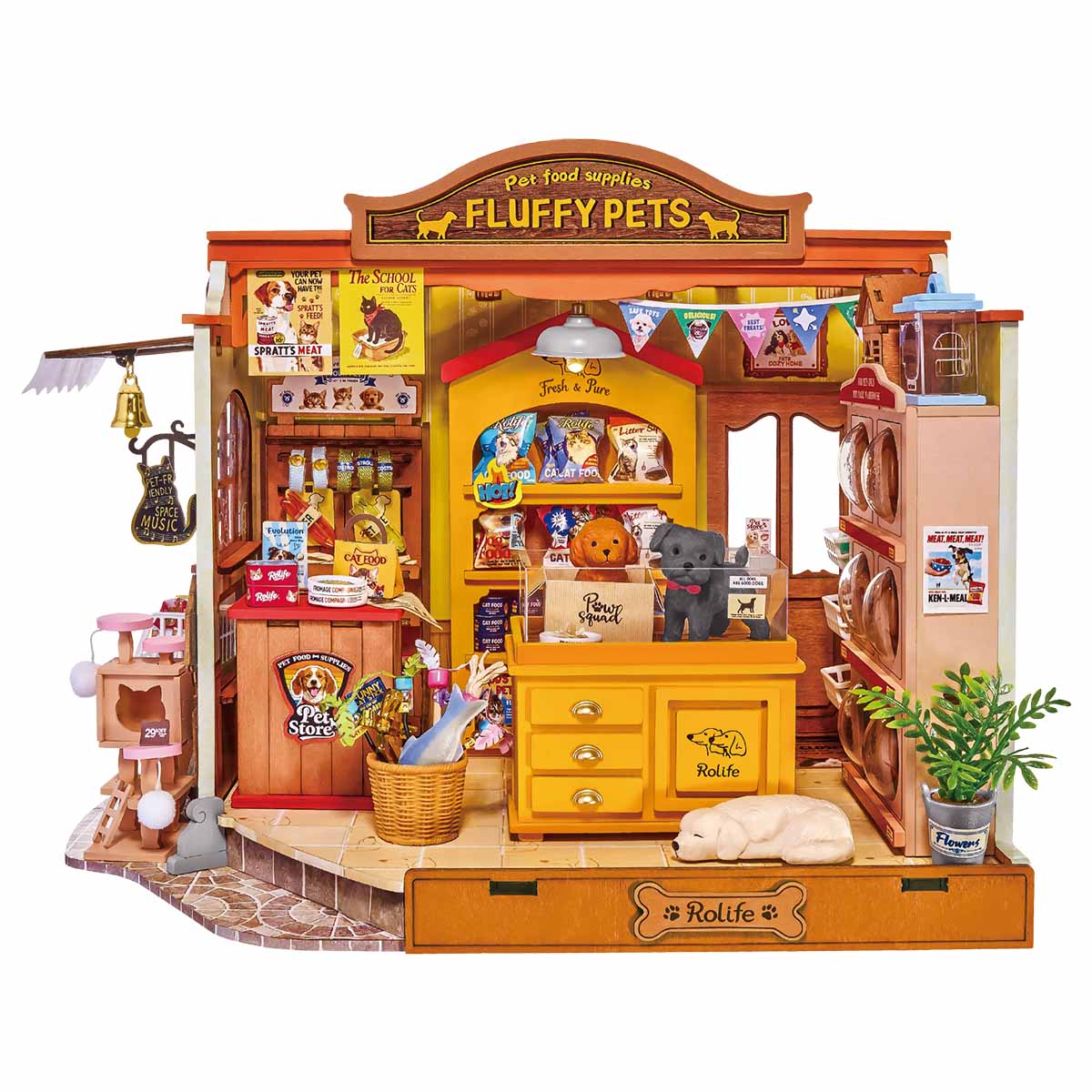 Rolife Fluffy Friends Store DIY-Miniaturhaus, weißer Hintergrund, Vorderansicht