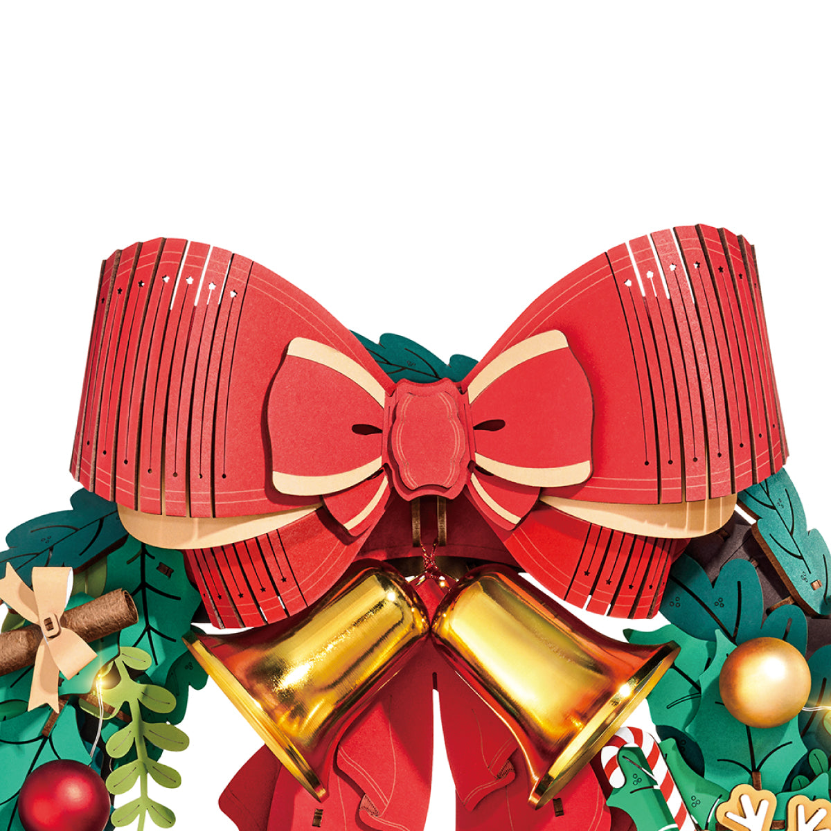 Weihnachtskranz TGL04 Nahaufnahme der roten Schleife und der goldenen Glockendetails