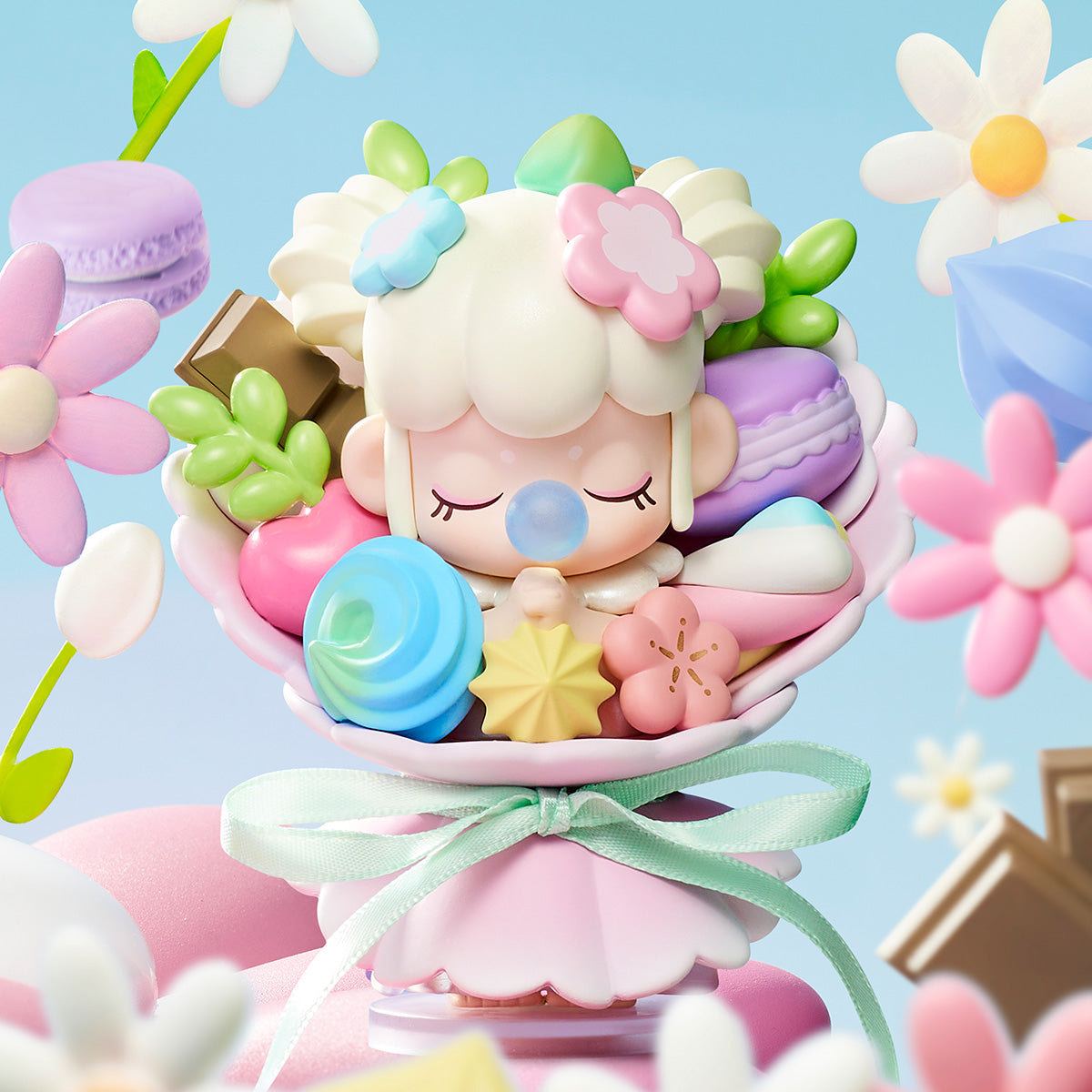 Nanci Sweet Time-Figur mit Blumenstraußmotiv in einer floralen Pastellszene