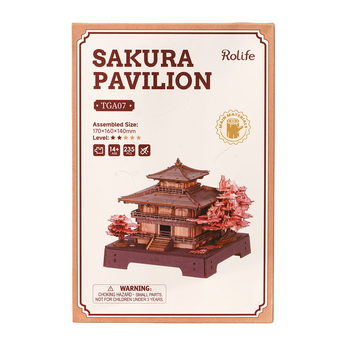 Verpackungsvorderseite des Rolife Sakura Pavilion TGA07 mit zusammengebauter Größe, 170 x 160 x 140 mm, 235 Teile, ab 14 Jahren und Stufe 1