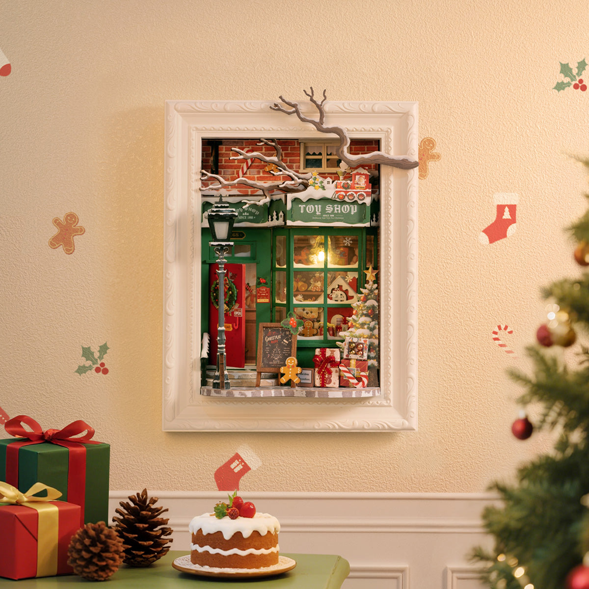 Rolife Santa's Toy Shop DP006 Geschichtenrahmen an einer Wand in einer Weihnachtsszene