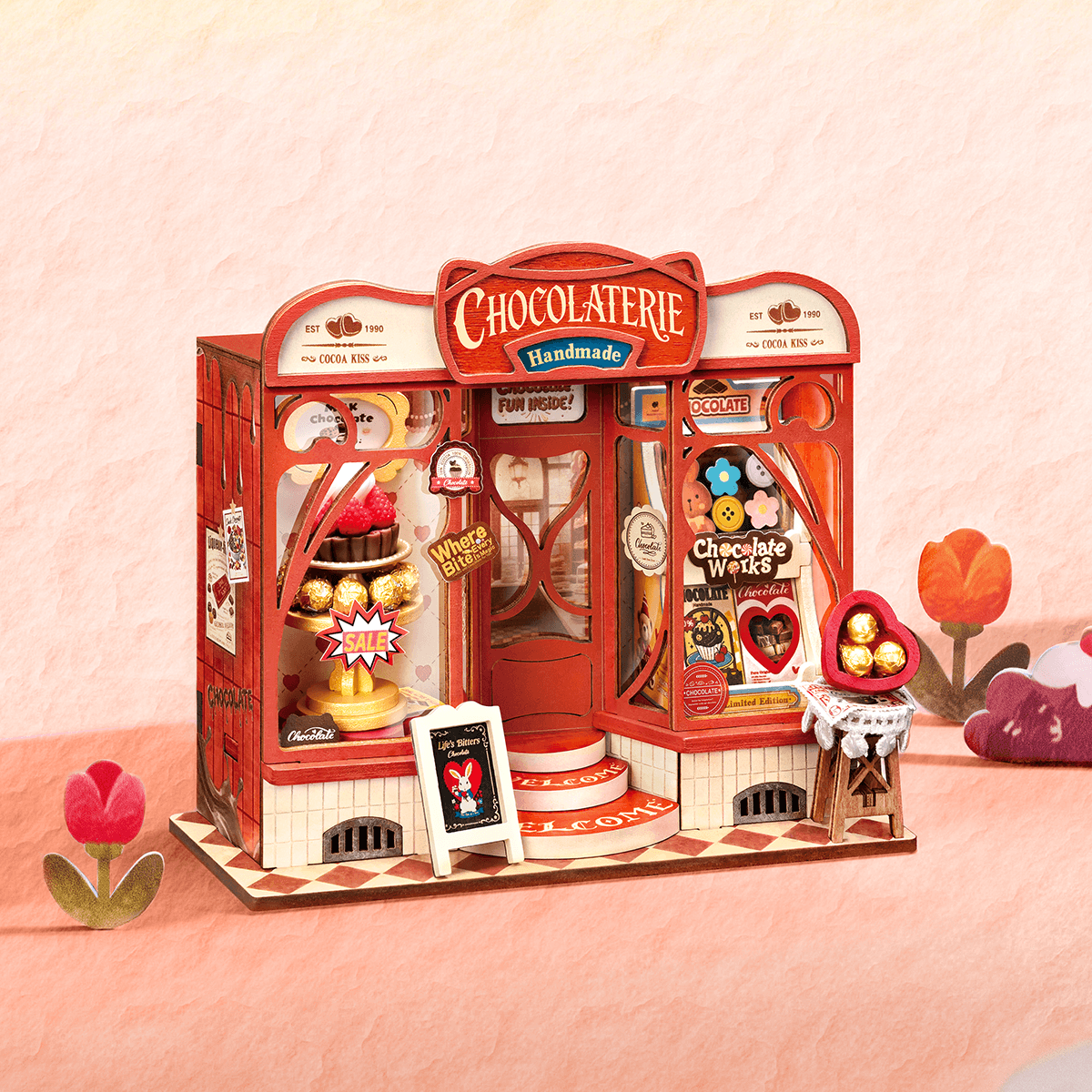 Rolife Sweet Chocolate Shop DS046 Miniatur-Schokoladenladen in einer rosafarbenen Szene