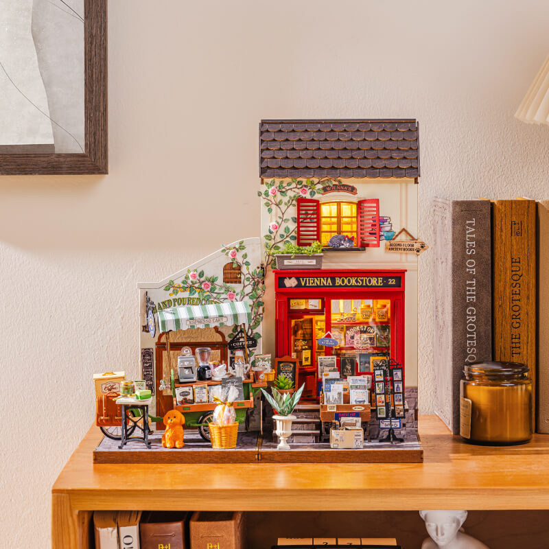 Aromatischer Kaffeewagen DG182, Kombinationsdisplay mit Miniaturhaus der Wiener Buchhandlung
