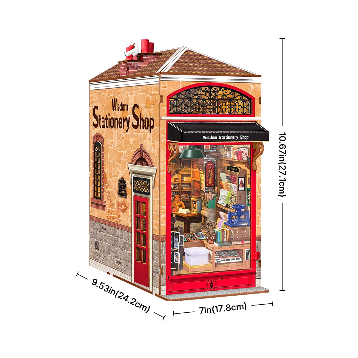 Rolife Wisdom Stationery Shop DIY Book Nook-Größentabelle, 10,67 x 9,53 x 7 Zoll (27,1 x 24,2 x 17,8 cm)