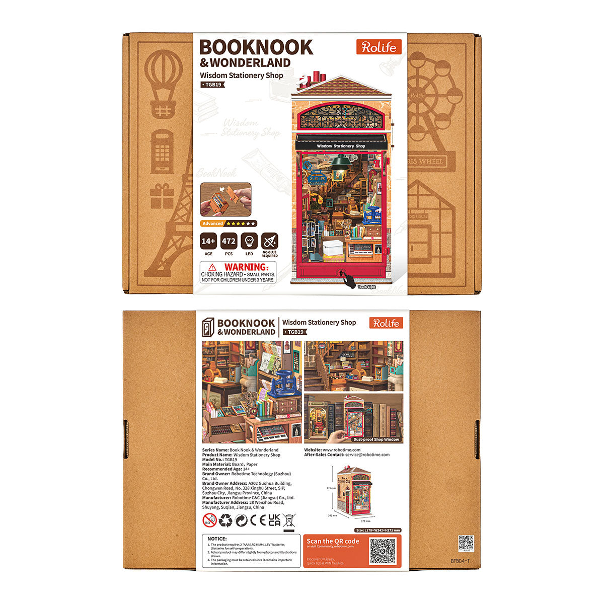 Rolife Wisdom Stationery Shop DIY Book Nook Verpackungsbox Vorder- und Rückseite