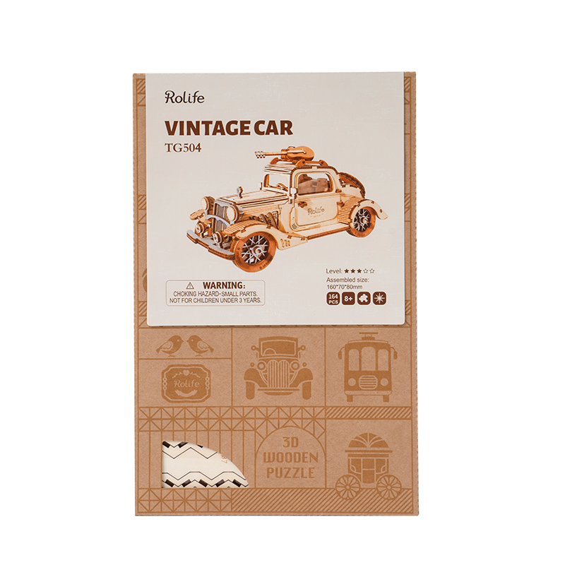 Rolife Vintage Car-Paketbild mit der Box und dem fertigen Automodell