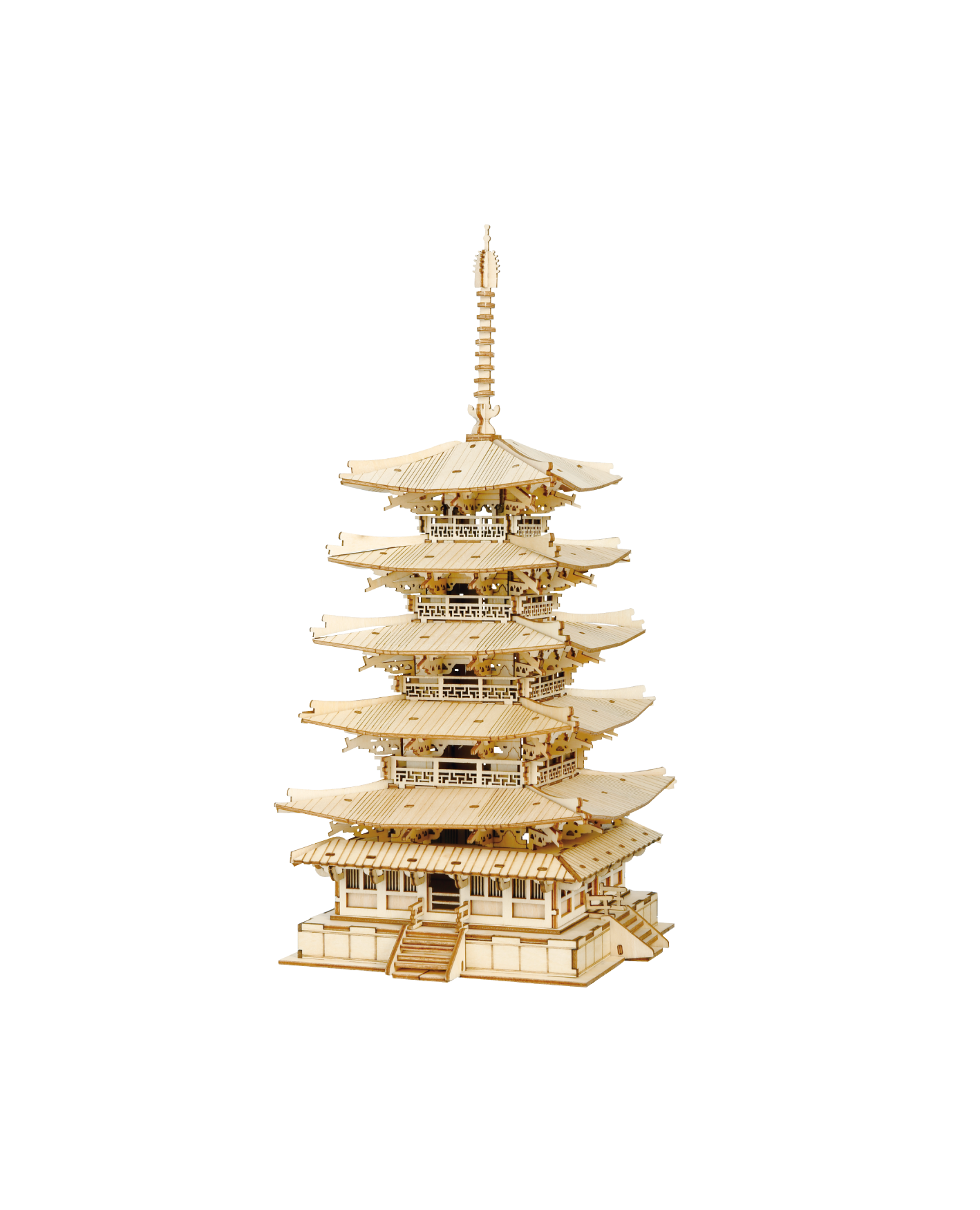 Modernes 3D-Holzpuzzle von Rolife – Fünfstöckige Pagode TGN02, Detailaufnahme der Pagodenebene