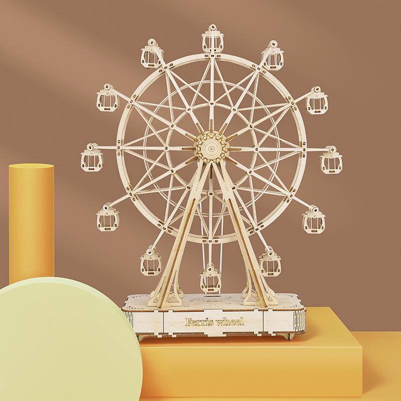 Rolife Moderne Spieluhr – Gaint 3D-Holzpuzzle – Riesenrad TGN01 Tischdisplay mit Szene auf einem gelben Sockel